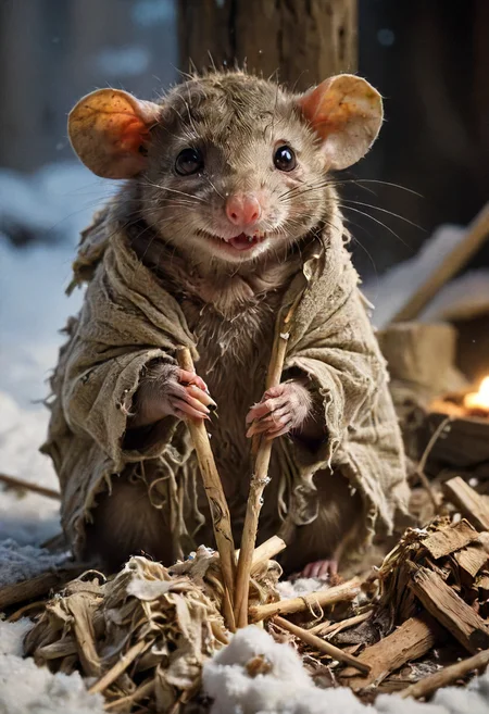 an emaciated cute shallow smiling rat in torn cloth rags selling match-sticks to survive the winter, you want some? freezing cold, snow, (night:1.1), (dark:1.1), atmo, (dim:1.1) lights, (depressive:1.1), shadows, detailed, perfect composition , eldoria, <lora:eldoria:0.8> <lora:lora:0.8> <lora:ral-smolinzect:0.3> <lora:ugly_SDXL:0.4> uglylora <lora:- SDXL - vanta-black_contrast_V3.0:0.8>