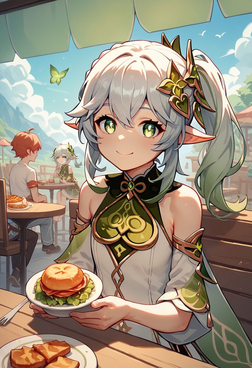 score_9, score_8_up, score_7_up, score_6_up, score_5_up, score_4_up, source_anime, A girl sitting at a table in a restaurant, 1girl, Nahida_(Genshin_Impact), outdoors, happy, smile, casualware, food, looking at viewer