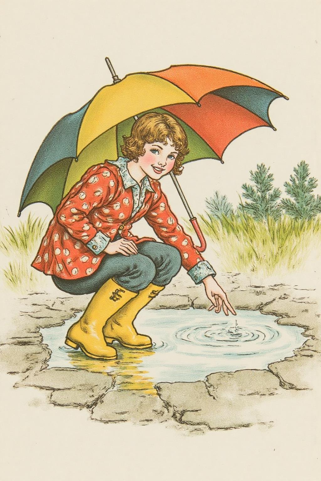 kategreenaway1 illustration. 
A young woman, angled from slightly above and to the right, crouching low to the ground in a puddle. The young woman is wearing bright yellow rubber boots and a red jacket with white polka dots. The jacket sleeves are pushed up to reveal blue cuffs. The young woman also wears dark blue jeans and has a smile on her face as she extends her right index finger to touch the water in the puddle. She holds a large, open umbrella with rainbow-colored panels and a red handle over her. The ground is wet and paved with grey stones, reflecting the sky and umbrella. The background is slightly blurred, showing hints of green grass and trees. The lighting is overcast and diffused, typical of a rainy day. <lora:kategreenaway1_f16e6:1.0><lora:870765062883653953:0>