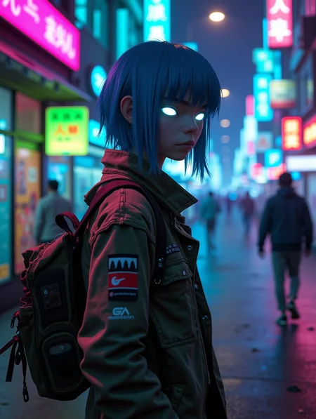 grlzstyle, melancholy hill, future neon aesthetic, chromatic aberration, subsurface scattering, trippy futuristic lights, glowing pink and green neon signs, War Torn tokyo, clothing camo Dingy, Tattered, camo army ripped jeans, blue hair, glowing white eyes, futuristic, dark moody colors, realistic battlefield in the background,