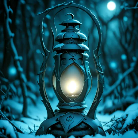 <lora:Eldritch_Sci-FiSDXL:1> ArsMJStyle, Eldritch Sci-Fi, The image shows a lantern in the middle of a snowy forest illuminated by a light in the center. The background is blurred giving the image a dreamy ethereal feel., no humans, snow, helmet, armor, blurry, snowing, solo, night, outdoors