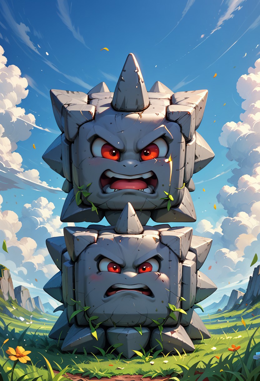 score_9, score_8_up, score_7_up,thwomp, red eyes, open mouth, statue, no humans, solo, ((no nose)), cube with spikes, outside,grass,sky