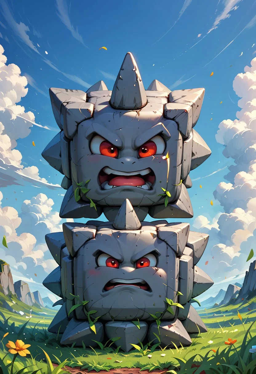 score_9, score_8_up, score_7_up,thwomp, red eyes, open mouth, statue, no humans, solo, ((no nose)), cube with spikes, outside,grass,sky