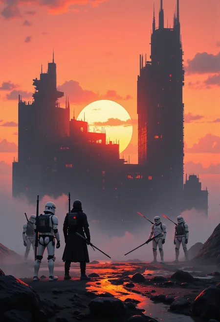 A squad of Stormtroopers stands in the foreground, their pristine white armor catching the last rays of a breathtaking orange and pink sunset. The air is thick with mist, swirling at their feet like creeping fog, blurring the lines between reality and illusion. Behind them, the towering silhouette of a colossal black fortress looms through the haze, its spires barely visible but unmistakably menacing. The structure stands as a grim reminder of the Empire’s iron grip on the galaxy. Floating particles dance through the air, catching the glow of battle-worn crimson and stark white reflections on his armor. The stormtroopers grip their blasters, tense but hesitant, as the warrior’s stance signals an impending clash—one of precision, speed, and devastation. The warm hues of the sunset paint a stark contrast against the cold steel of war, a fleeting beauty before the inevitable storm of action.
