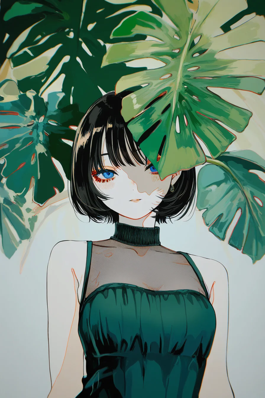 masterpiece, best quality, amazing quality, high resolution, very aesthetic, absurdres, detailed background, <lora:illustriousXL_stabilizer_v1.23:0.3>,(watanabe tomari:0.85), realistic, creative angle, (cogecha:0.6),
Elegant young woman with short dark bob haircut and soft pale skin, wearing a textured green high-neck dress, framed by large Monstera deliciosa leaves, lively plants, leaves covers her half body, leaves in front of her, Dreamy gaze, natural makeup, soft blush, full lips. Studio lighting, botanical portrait, fashion editorial style, highly detailed, muted tones, lush foliage
