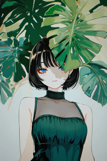 masterpiece, best quality, amazing quality, high resolution, very aesthetic, absurdres, detailed background,  <lora:illustriousXL_stabilizer_v1.23:0.3>,(watanabe tomari:0.85),  realistic, creative angle, (cogecha:0.6),
Elegant young woman with short dark bob haircut and soft pale skin, wearing a textured green high-neck dress, framed by large Monstera deliciosa leaves, lively plants, leaves covers her half body, leaves in front of her, Dreamy gaze, natural makeup, soft blush, full lips. Studio lighting, botanical portrait, fashion editorial style, highly detailed, muted tones, lush foliage