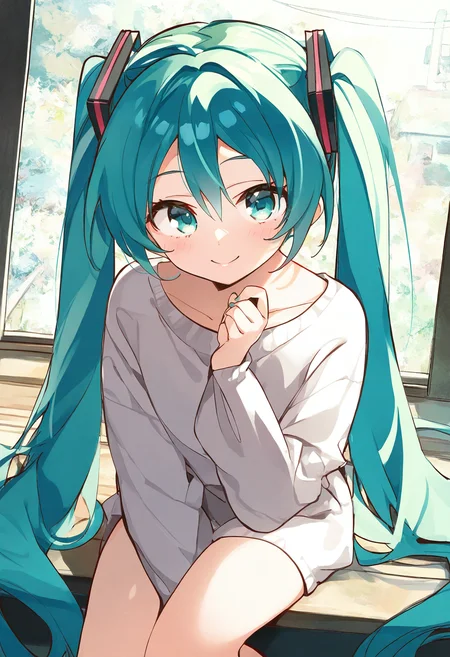 (masterpiece, best quality, highres, absurdres, very detailed, very aesthetic:1.22), (detailed eyes), hatsune miku, very long hair, detailed background, <lora:komowata_haruka_ct15v_1-04:1>
