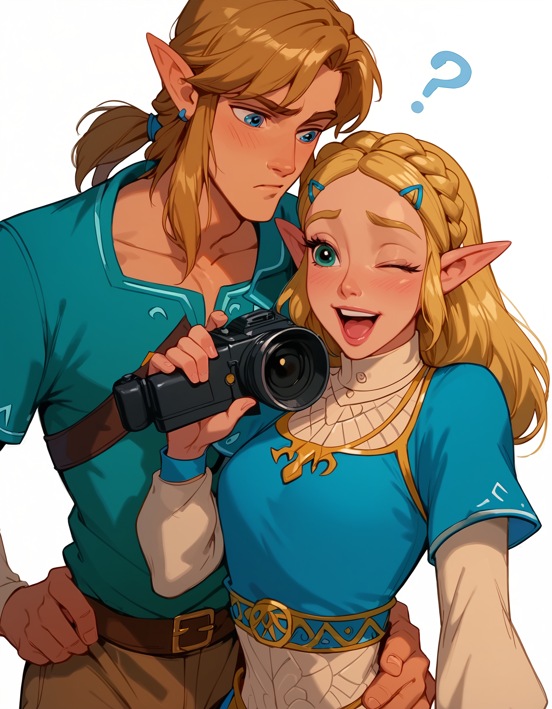 <lora:Disney_Style:.9> <lora:princess_xl_v2:.75> <lora:add-detail-xl:.9> <lora:g0th1cPXL:.3> <lora:Cherry-Gig:.45> <lora:Expressive_H:1> <lora:PLASTT_PonyV6:1> score_9, score_8_up, score_7_up, zPDXL, DisneyRenstyle, score_9,score_8_up,score_7_up,score_6_up, score_9, score_8_up, score_7_up, 1 girl, 1 guy, couple, Princess Zelda, Link, BOTW, Breath of the Wild outfit, elf ears, pointy ears, white background, plain background, ambient lighting, standing, blue tunic, 
couple, 1 girl, princess zelda, intricate hair, messy side braid, excited expression, laughing, small breasts, wide eyes, narrow hips, petite, skinny, slender, standing, (blue tunic, black leggings), wide eyes, (holding camera, both hands holding camera), 
couple, 1 guy, Link, elf, pointy ears, (blue tunic, brown trousers), fit, athletic, confused expression, question marks, mouth closed, wide eyes, (one hand on hip, one hand behind head),
