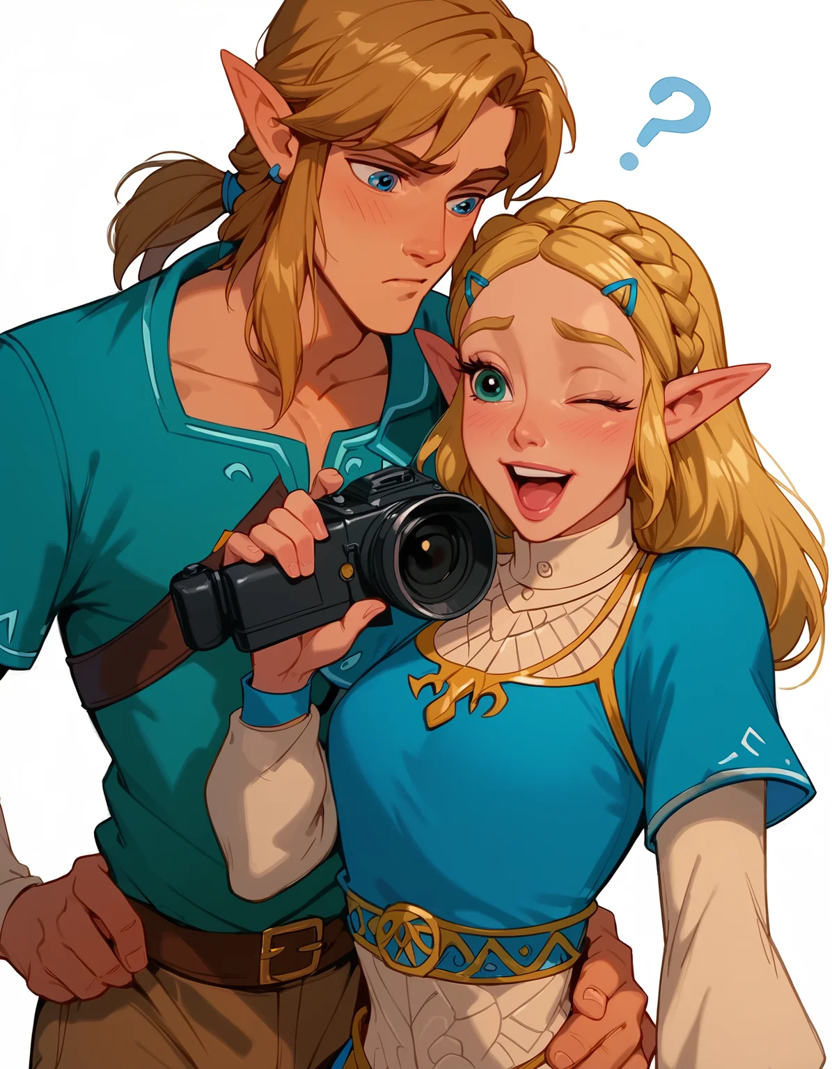 <lora:Disney_Style:.9> <lora:princess_xl_v2:.75> <lora:add-detail-xl:.9> <lora:g0th1cPXL:.3> <lora:Cherry-Gig:.45> <lora:Expressive_H:1> <lora:PLASTT_PonyV6:1> score_9, score_8_up, score_7_up, zPDXL, DisneyRenstyle, score_9,score_8_up,score_7_up,score_6_up, score_9, score_8_up, score_7_up, 1 girl, 1 guy, couple, Princess Zelda, Link, BOTW, Breath of the Wild outfit, elf ears, pointy ears, white background, plain background, ambient lighting, standing, blue tunic,
couple, 1 girl, princess zelda, intricate hair, messy side braid, excited expression, laughing, small breasts, wide eyes, narrow hips, petite, skinny, slender, standing, (blue tunic, black leggings), wide eyes, (holding camera, both hands holding camera),
couple, 1 guy, Link, elf, pointy ears, (blue tunic, brown trousers), fit, athletic, confused expression, question marks, mouth closed, wide eyes, (one hand on hip, one hand behind head),