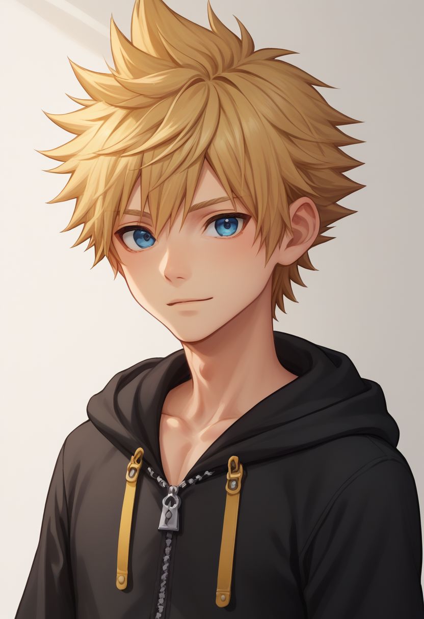 score_9, score_8_up, source_anime, highly detailed, 1boy, solo, male_focus slender, skinny, cute, 
roxas, 1boy, male focus, solo, blue eyes, blonde hair, spiked hair, hood, upper body, hood down, zipper, black hoodie, looking at viewer,