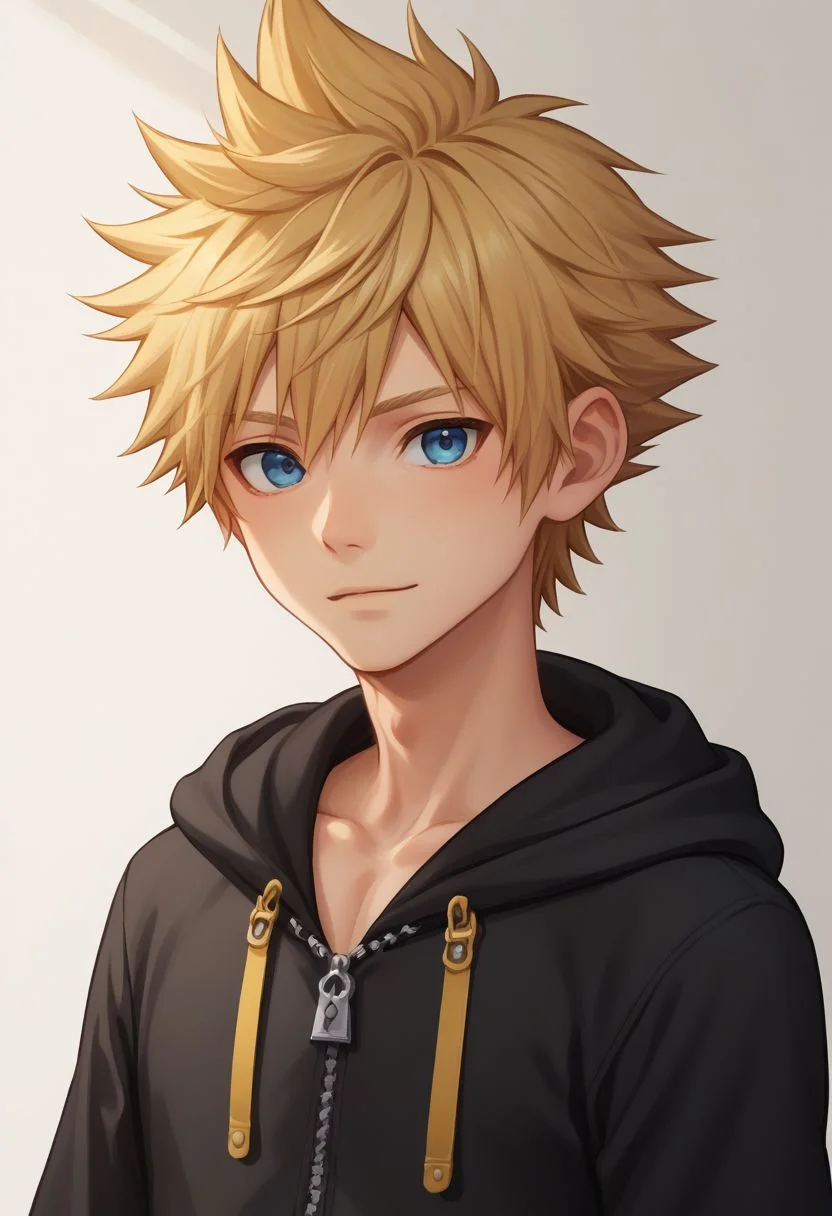 score_9, score_8_up, source_anime, highly detailed, 1boy, solo, male_focus slender, skinny, cute,
roxas, 1boy, male focus, solo, blue eyes, blonde hair, spiked hair, hood, upper body, hood down, zipper, black hoodie, looking at viewer,