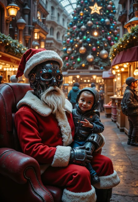 bo-christmas, christmas mood, magical Christmas, a highly detailed, digital illustration in a whimsical, festive style, it features kind robotic Star Wars B2EM0 Santa, sitting in a chair in typical American Mall, wearing a red Santa hat and a fluffy white Santa beard strapped to its metal face, A happy child sits on Santa's lap and reaches for his lush white beard, in the background, there is a large, illuminated christmas tree with a star at the top, surrounded by a warm, golden glow, the tree is decorated with multicolored, fairy-tale-like lights, creating a festive atmosphere, the overall color palette is warm and inviting, with a focus on soft, warm tones, high quality, ultra detailed, colorful, fantasy, ornate decorations, cozy ambiance.