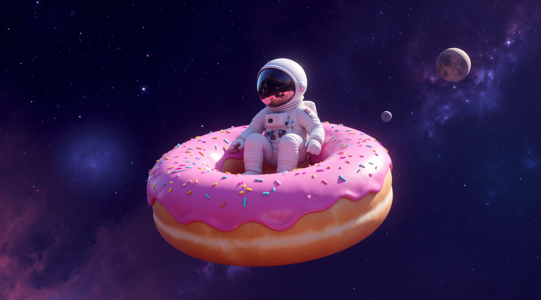 A lone astronaut sitting peacefully in the center hole of a giant floating donut, drifting through deep space.
 the donut is covered in glossy pink frosting and colorful sprinkles, slightly glowing under starlight. 
vast galactic background with nebulae, stars, and distant planets. whimsical and surreal vibe, soft lighting on the astronaut’s suit, reflections of stars on the visor, dreamy atmosphere, high detail. 8K resolution, surreal space art, inspired by Pixar and vaporwave aesthetic