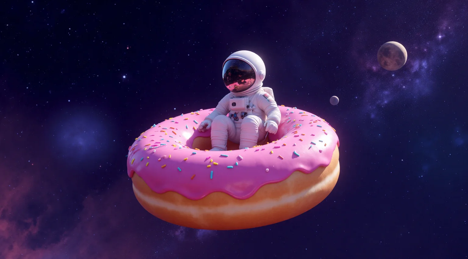 A lone astronaut sitting peacefully in the center hole of a giant floating donut, drifting through deep space.
 the donut is covered in glossy pink frosting and colorful sprinkles, slightly glowing under starlight. 
vast galactic background with nebulae, stars, and distant planets. whimsical and surreal vibe, soft lighting on the astronaut’s suit, reflections of stars on the visor, dreamy atmosphere, high detail. 8K resolution, surreal space art, inspired by Pixar and vaporwave aesthetic