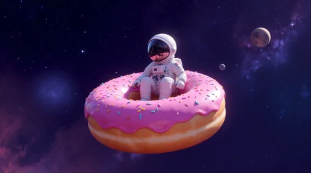 A lone astronaut sitting peacefully in the center hole of a giant floating donut, drifting through deep space.
the donut is covered in glossy pink frosting and colorful sprinkles, slightly glowing under starlight.
vast galactic background with nebulae, stars, and distant planets. whimsical and surreal vibe, soft lighting on the astronaut’s suit, reflections of stars on the visor, dreamy atmosphere, high detail. 8K resolution, surreal space art, inspired by Pixar and vaporwave aesthetic