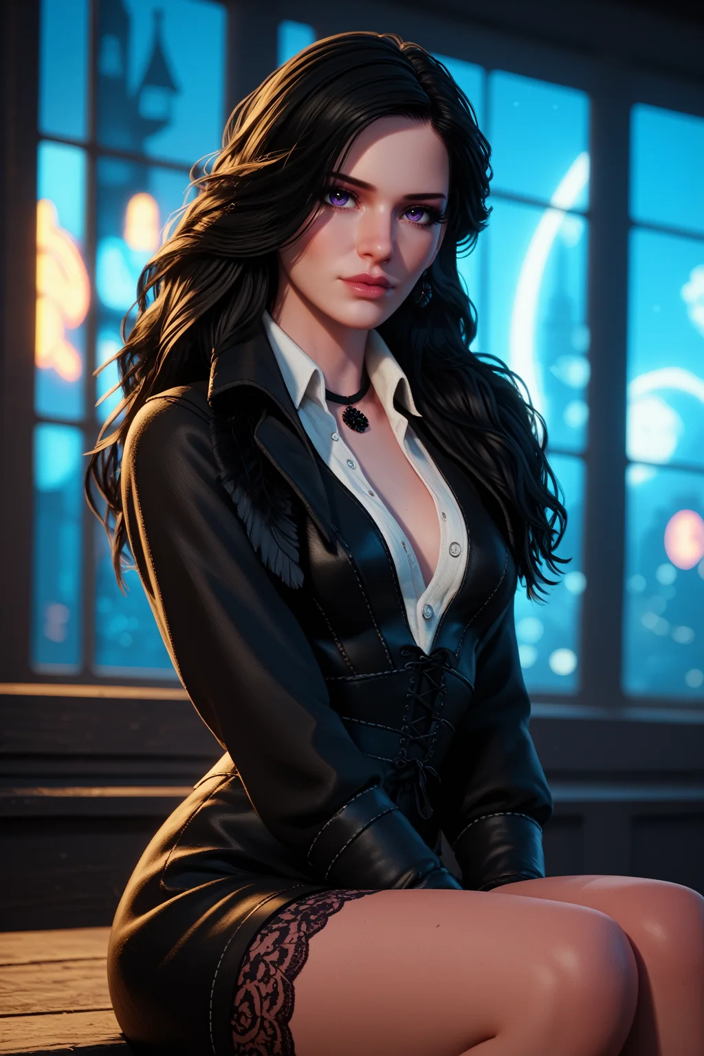 score_9, score_8_up, score_7_up,
<lora:TW3Yennefer:0.8>
TW3Yennefer, 1girl, black hair, purple eyes, long hair, looking at viewer, Sprawling metropolis with towering skyscrapers, neon glow and night scene, sitting