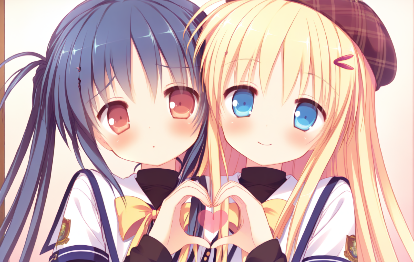 (heart hands duo:1.2),heart hands,heads together,cheek-to-cheek,<lora:heart-hands-duo-ponyxl-lora-nochekaiser>,(2girls:1.1),<lora:noobai_vpred_1_masterpieces_v23:0.76>,masterpiece,best quality,very aesthetic,(upper_body:1.2),
BREAK <lora:é·¹å æç:0.8>,anri-default,takakura anri,red eyes,blue hair,twintails,school uniform,short over long sleeves,plaid skirt,white thighhighs,shy,blush,
BREAK <lora:cloverdays-anzu-V2:0.8>,anzu,blonde hair,blue eyes,hair ornament,long hair,hairclip,anzu school,hat,school uniform,skirt,very long hair,zettai ryouiki,wave sleeves,looking_at_viewer,smile,light_blush,hair_ornament,