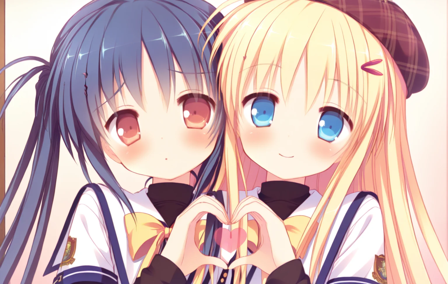 (heart hands duo:1.2),heart hands,heads together,cheek-to-cheek,<lora:heart-hands-duo-ponyxl-lora-nochekaiser>,(2girls:1.1),<lora:noobai_vpred_1_masterpieces_v23:0.76>,masterpiece,best quality,very aesthetic,(upper_body:1.2),
BREAK <lora:é·¹å æç:0.8>,anri-default,takakura anri,red eyes,blue hair,twintails,school uniform,short over long sleeves,plaid skirt,white thighhighs,shy,blush,
BREAK <lora:cloverdays-anzu-V2:0.8>,anzu,blonde hair,blue eyes,hair ornament,long hair,hairclip,anzu school,hat,school uniform,skirt,very long hair,zettai ryouiki,wave sleeves,looking_at_viewer,smile,light_blush,hair_ornament,