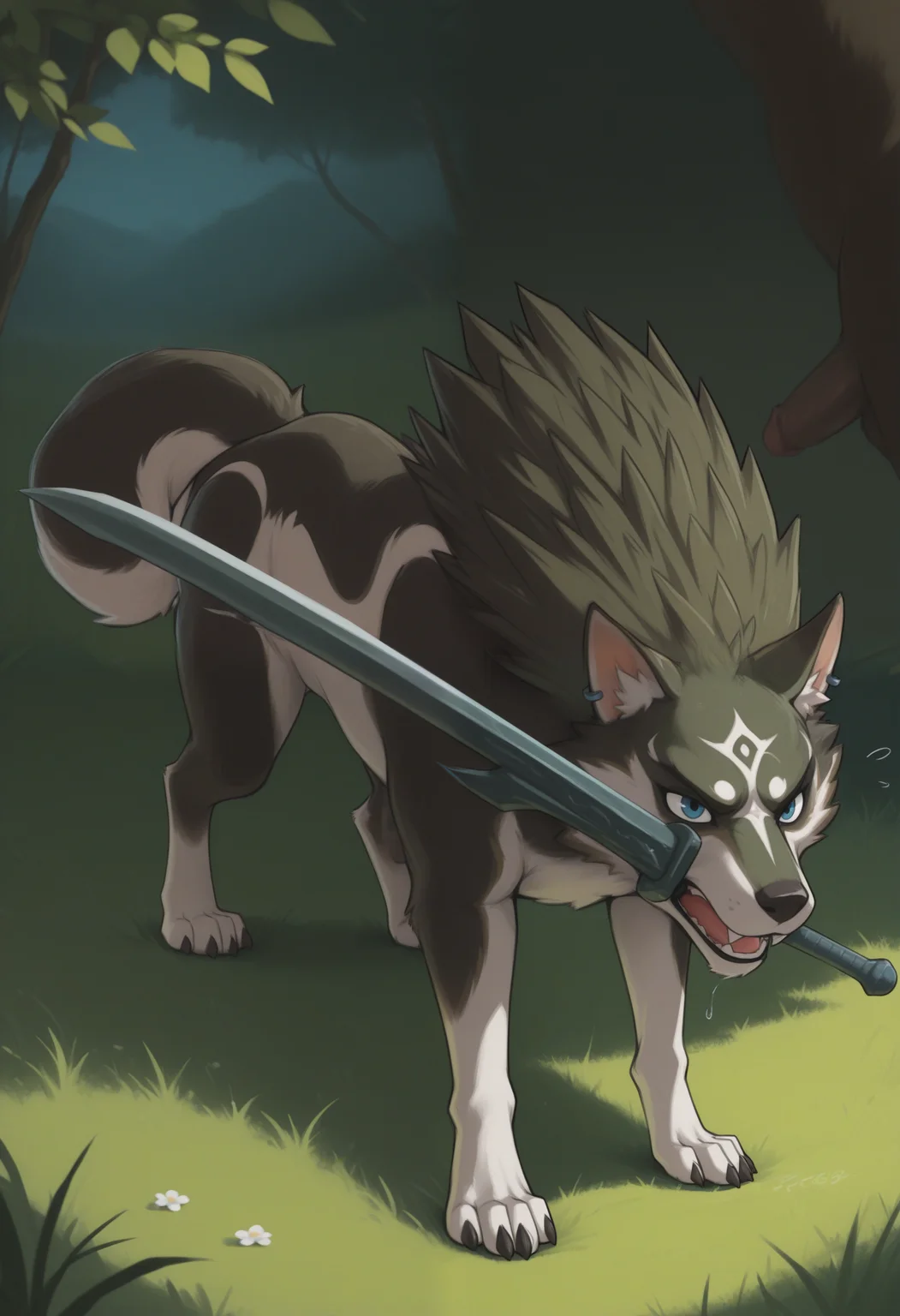 masterpiece,best quality,amazing quality, 1boy, solo, l1nk, wolf, blue eyes, single sword in mouth,
outside,
