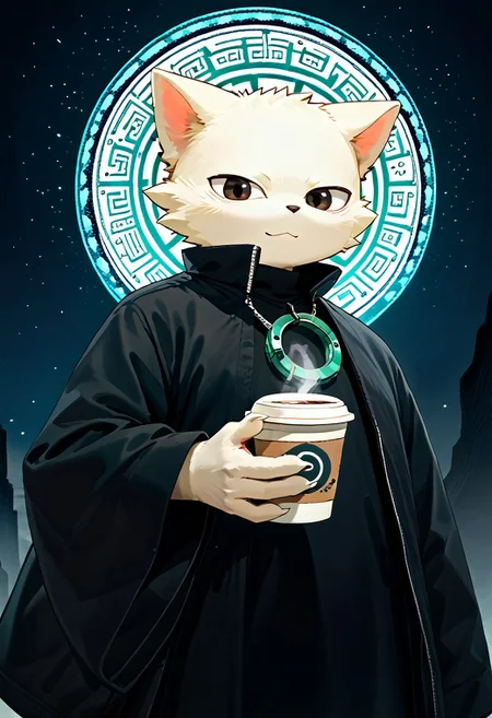 zuppu11, yi, zPDXL3, 1boy, solo, domestic cat, felid, feline, felis, mammal, solarian, white fur, anthro, black clothing, clothing, detailed background, looking at viewer, male, score_9, score_8_up, score_7_up, cute, kemono, holding, coffee, modern city background