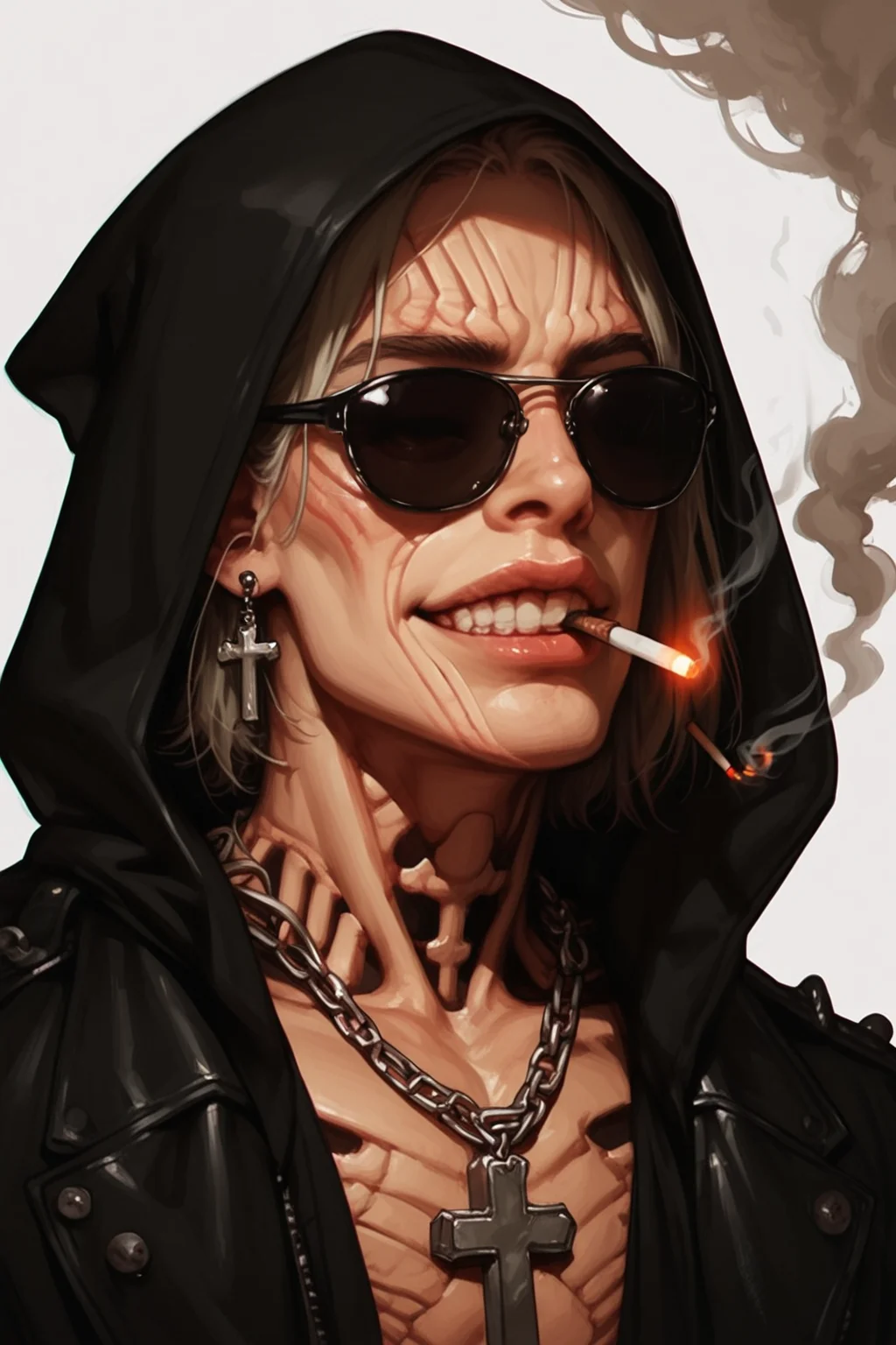sunglasses, 1boy, necklace, jewelry, male focus, hood, cross, skull, solo, cigarette, cross necklace, teeth, portrait, smoking, smile, skull necklace, hood up, smoke, skeleton, grin, chain necklace, chain, zPDXL3, detailxl,  Score_PnyReal