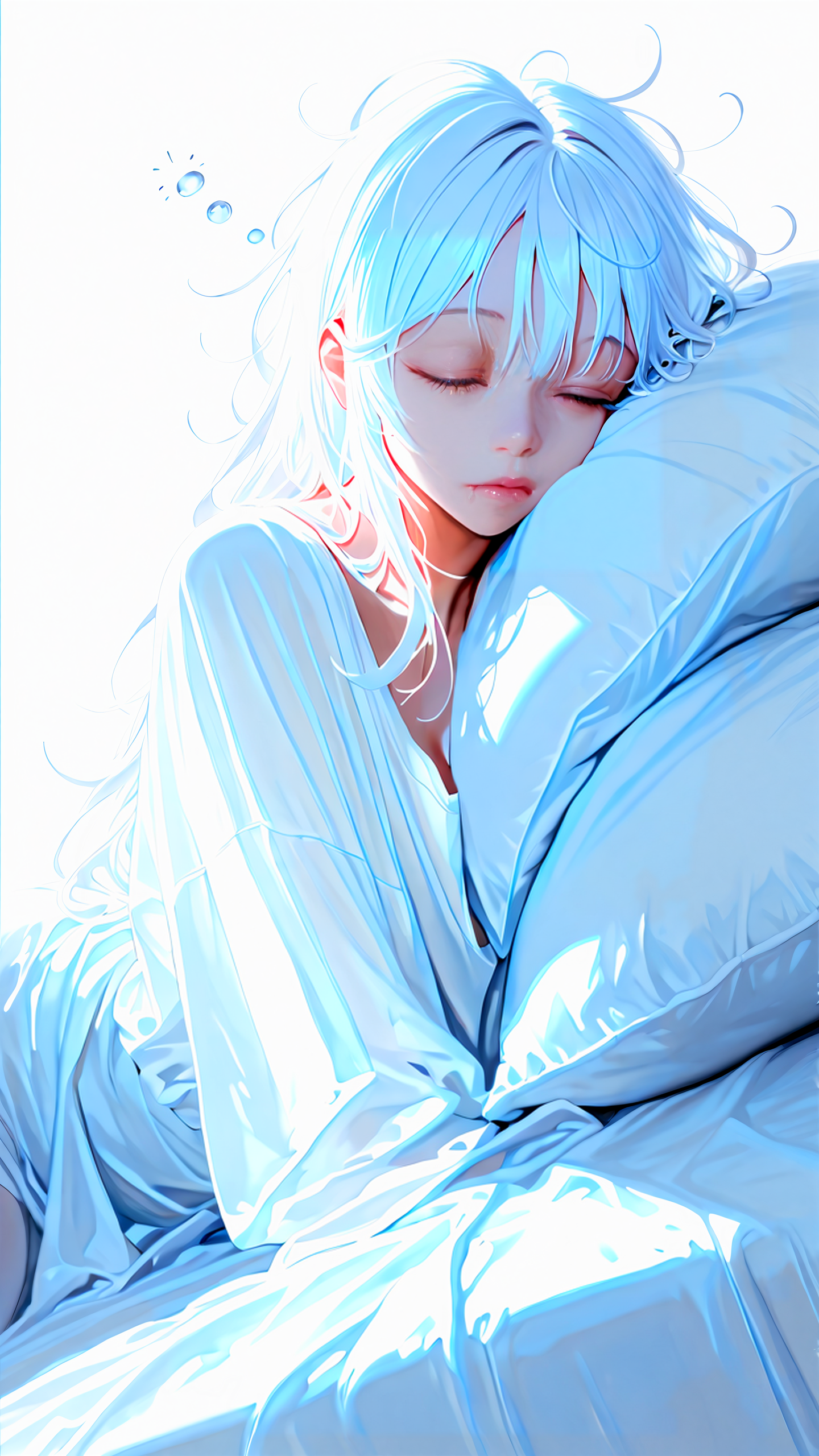 masterpiece, newest,absurdres,incredibly absurdres, best quality, amazing quality, very aesthetic, 
1girl, sleepy, bed, blue hue,
 <lora:Face_Enhancer_Illustrious:1> <lora:Neg4tive_sp4ce:1> white theme,