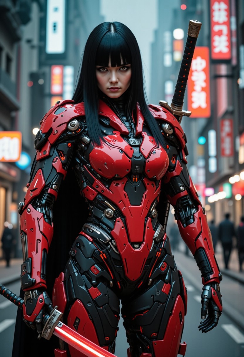 Realistic Photography, Very Low angle Ground Level camera view below looking up From a distance, Futuristic, Distant Vibrant Colors Full body Powerful Female Face, Straight Black Hair with Bangs, Samurai Style Armor outfit, Vibrant Colors cyborg Powerful Female, Samurai Style Armor, Flat Dark Red with Black Trim Colored Armor, Samurai Armor Style Exosuit, Detailed Gorgeous Female Face with High Cheek Bones of Eastern European Decent, Detailed Eyes with Red Irises and Black Pupils, Large Breasts, mech, Action Dynamic Action Combat Pose, futuristic, Black Cape, (off-center composition, left aligned, Portrait),  an old Powerful cyborg, battle worn, Bulky Samurai Style Power Armor, Large Glowing Samurai Sword, Happy high detailed Eyes, Happy Smile High detailed face, gothic Neon Cyberpunk Cityscape, cinematic film still glamorous photo dark art by Rafael Zabaleta, expressionism art by Asger Jorn, vibrant, Abstract expressionism, experimental painting techniques, bold bright colors, dynamic compositions, Expressionism, Neon Night City Cyberpunk Cityscapes, emotive brushwork, brilliant tones, dramatic lighting, introspective themes. high fashion, luxurious, extravagant, stylish, sensual, opulent, elegance, stunning beauty, professional, high contrast, detailed. shallow depth of field, vignette, highly detailed, high budget, bokeh, cinemascope, moody, epic, gorgeous, film grain, grainy