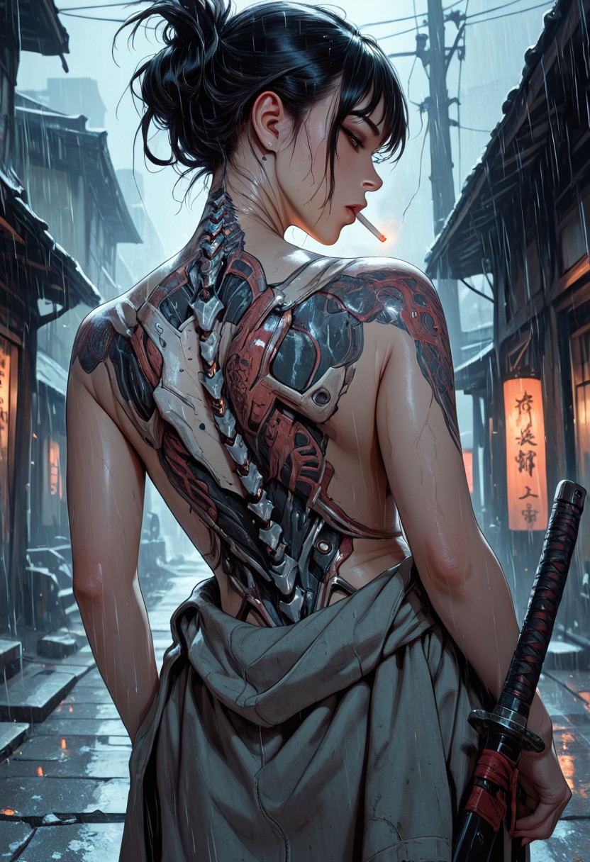 highres, very detailed, amazing quality, masterpiece,
very aesthetic,
particle effect, Cinematic, 
1girl, solo, Black hair, hair up, beautiful, exposed shoulders, exposed back, bionic spine, smoking, cigarette, strong face, angled face, brown eyes, female yakuza, cybernetic katana, 
Back tattoo, Dragon back tattoo, 
Sweater around waist, 
Raining, ancient Japanese street, 
Close up, cowboy shot, 
From behind, View from behind,