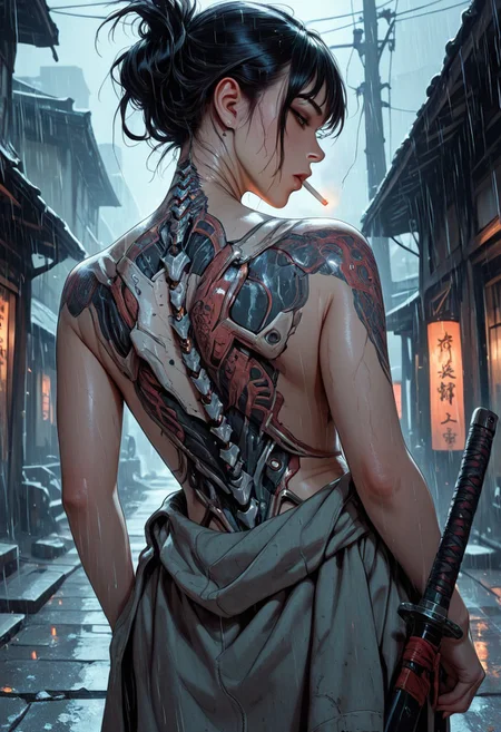 highres, very detailed, amazing quality, masterpiece,
very aesthetic,
particle effect, Cinematic, 
1girl, solo, Black hair, hair up, beautiful, exposed shoulders, exposed back, bionic spine, smoking, cigarette, strong face, angled face, brown eyes, female yakuza, cybernetic katana, 
Back tattoo, Dragon back tattoo, 
Sweater around waist, 
Raining, ancient Japanese street, 
Close up, cowboy shot, 
From behind, View from behind,