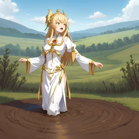 masterpiece, best quality, digital art, deviantart, 1girl, golden hair, medium breasts, small waist, white dress, gold ornaments, priestess, green grass, hills in the distance, trees, flowers, blue sky, partially submerged, brown mud, mud bog, sticky mud, scared, worried, screaming, close up
