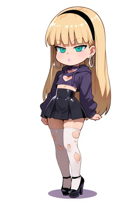 score_9, score_8_up, score_7_up, BREAK, chibi, 1girl, young woman, bimbo, half closed eyes, face, neck, bimbo, flat chest, extra skinny, (extra narrow waist:1.3), legs, belly, portrait, standing, pacifica, blonde hair, hoop earrings, long hair, white thighhighs, very long hair, aqua eyes, earrings, jewelry, purple choker, bangs, blunt bangs, pink lipstick, (torn stockings, torn jumper:1.2), high heels, purple hoodie, heart shaped cutout, clothing cutout, crop top, black hairband, purple latex heels, black skirt, BREAK, detailed face, white background