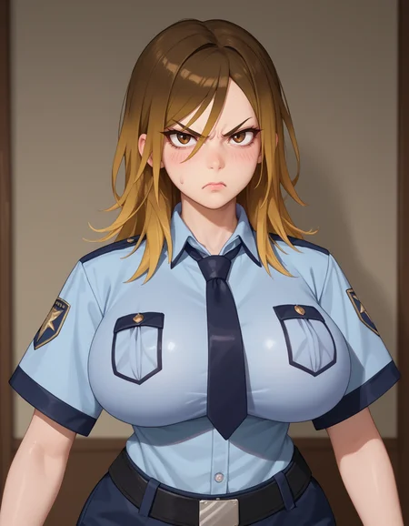 score_9, score_8_up, score_7_up,score_6_up  source_anime,
1girl,huge breasts,wide hips,thick thighs, angry,blush,looking at viewer, upper body, 
<lora:makiko_date-cybersleuth-koto-PonyXL:1> datmai, brown hair, medium hair, gradient hair, blonde hair,police uniform, policewoman, breast pocket, blue shirt,brown eyes,blue necktie