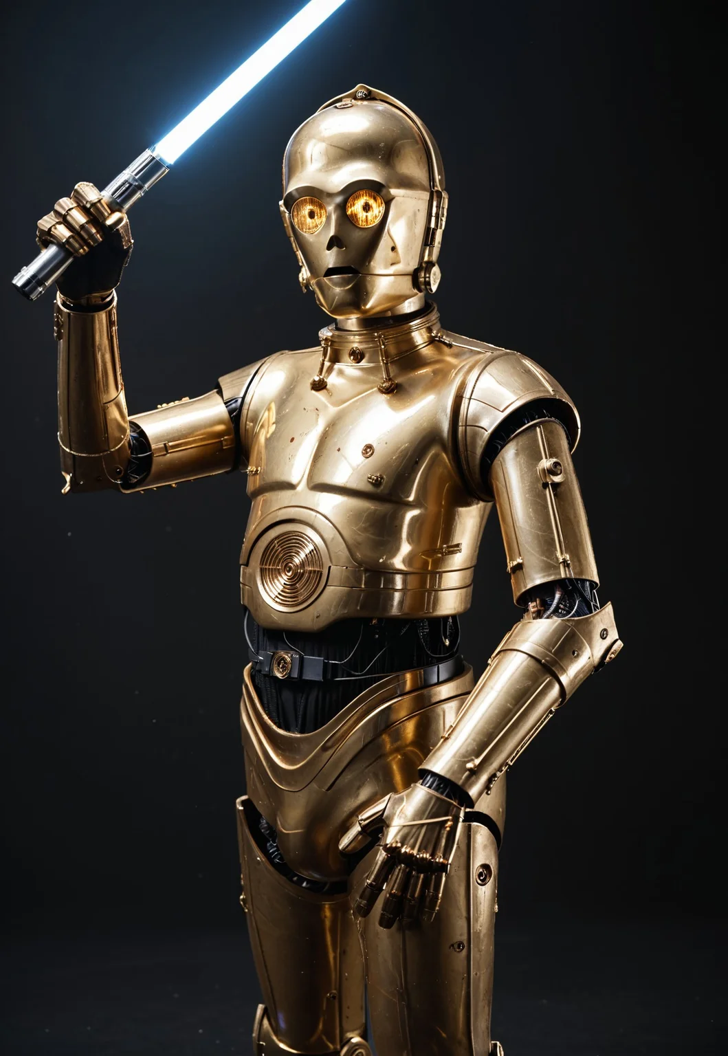 score_9_up, score_8_up, score_7_up, realism,
1boy, c3po, android, robot male, golden metallic skin, golden glowing eyes, black midriff with wiring, standing, arms raised, serious, looking at viewer, standing, leaning in, wielding a lightsaber, holding a glowing blue lightsaber, battle stance, legs apart, cowboy shot, close-up, upper body, side view,
indoor, in a photostudio, black walls, day time, best quality, dynamic pose, masterpiece, natural lighting, lots of details, high resolution, 8K, colorful, dynamic shot, black background, zzLightSaber,