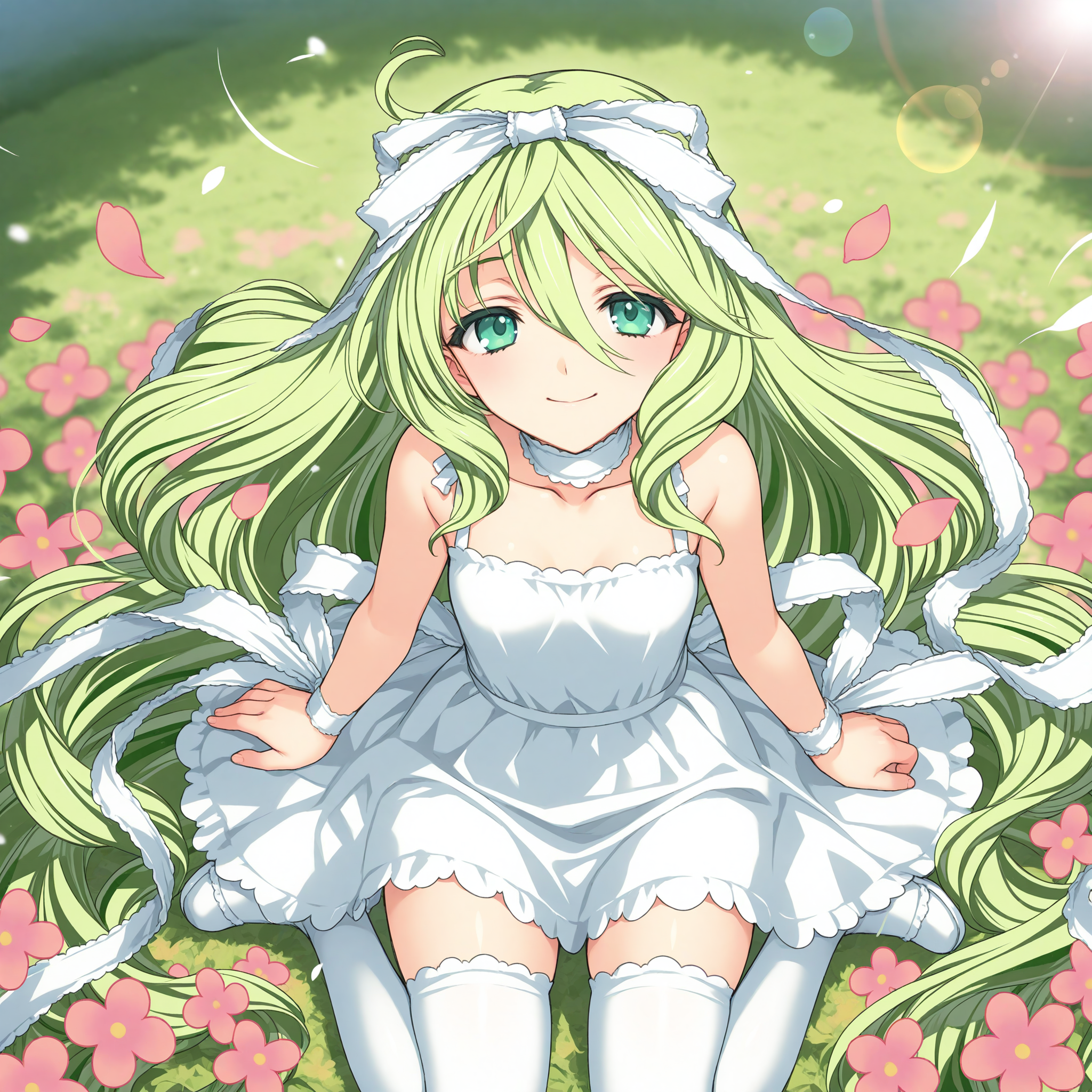 <lora:Wenlina_1_nai:1>,Wenlina,hair ribbon,hair flower,pink flower,hair ornament,white bow,hair bow,wrist ribbon,white ribbon,choker,white thighhighs,
white dress,sundress,
BREAK
1girl,solo,smile,looking at viewer,wariza,on ground,looking up,from above,arms at sides,day,flower field,flowers,petals,falling petals,wind,floating hair,depth of field,lens_flare,face_focus,