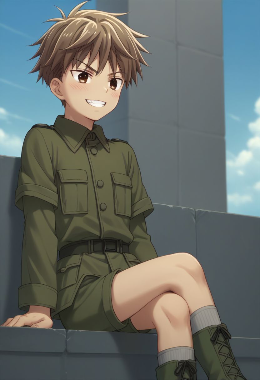 score_9, score_8_up, score_7_up, source_anime, highly detailed, 1boy, solo, male_focus, 
hiro_sohma, 1boy, brown eyes, brown hair, solo, blush, male focus, military, military uniform, shorts, socks, boots, sky, uniform, grin, crossed legs,