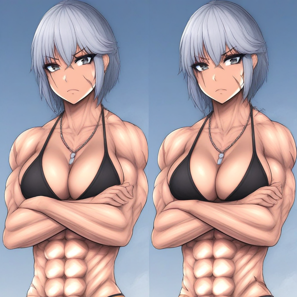 necklace, muscular, bikini, breasts, looking at viewer, abs, solo, crossed arms, scar on face, scar, 1girl