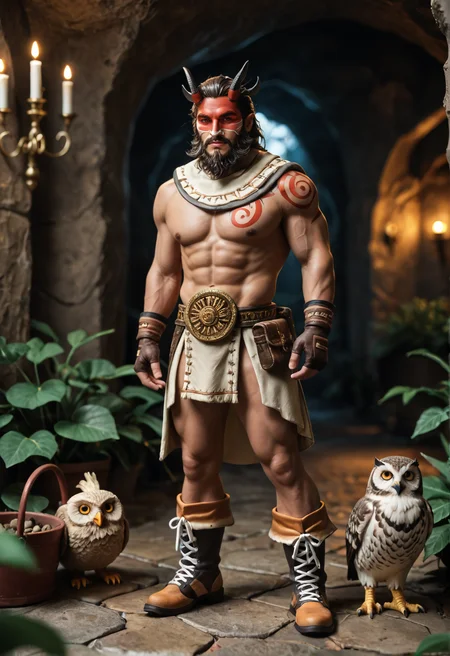 brown eyes, 1boy,
brown eyes,
brown hair, black hair,
facial hair, beard, mustache,
horns,
red tattoo,
muscular, abs
red mask,
neck cloth ,gloves, boots,
bird, animal,animal on shoulder, owl, eagle, bird on shoulder,
<lora:beastmaster_v3:0.75> beastmaster_v3, score_9, score_8_up, score_7_up, score_6_up, derpibooru_p_95,
detailed eyes, beautiful, detailed background, perfect eyes,
blur censor, blurry, blurry background, blurry foreground, bokeh, motion blur,
chromatic aberration, depth of field, figure, focused, focus
photography, realistic sun light and shadows, photorealism, UHD --ar 9:16 --style raw --stylize 700,
solo,
cave indoors, soft lighting, plants in background, candle light, cozy room,, in a gems cave, holding a giant gold nugget stone,