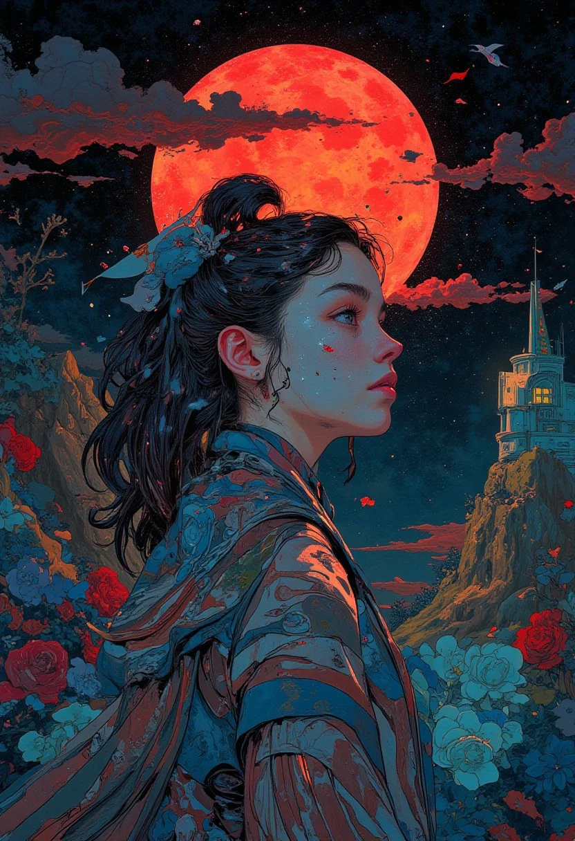anime art , by Ashley Wood, young female, deep meaningful context backgrounds