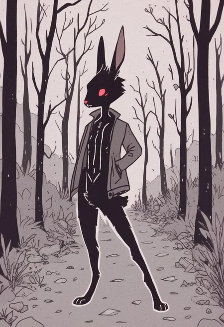 <lora:Psychedemon-000009:1>,
<lora:Xenotrip_v.2:0.7>,
<lora:Concept Art DarkSide Style LoRA_SeaArt Furry XL 1.0:0.7>,
score_9_up, score_8_up, score_7_up, score_6_up, furry_source, solo, xenotr1p, concept art, dark theme, low light, backlight, male, (dramatic light), in front,
anthro hare male, (posing), skinny, red eyes, animal legs, detailed fur,
moody, grim, emotional, (otherwordly), blackened fur, jacket, hatchet in hand, hunting clothing, dark, long hare like ears, rabbit, black fur, in woods, trees, outside, alone
<lora:add-detail-xl:0.7>,
<lora:RMSDXL_Enhance:2>,
<lora:great_lighting:3>,