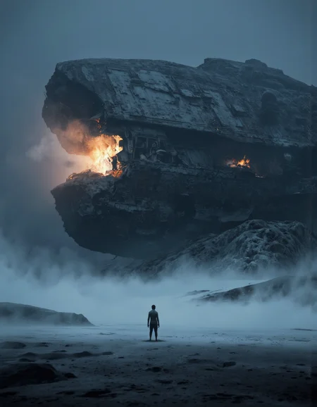 By Arthur Yuan. A photo-realistic shoot from a far camera angle about a lone figure stands in the middle of a desolate landscape, looking up at a large, imposing spaceship that is engulfed in flames and smoke. the spaceship is situated on a rocky outcrop, surrounded by a thick layer of fog and mist, creating a dramatic and ominous atmosphere. in the foreground, a single figure stands, silhouetted against the dark blue sky, with no clothing or pants visible. the figure appears to be a adult, with a slim body, facing away from the viewer, and is standing in the center of the image, with their arms at their sides, giving a sense of distance to the camera. the ship is positioned in the background, with its large size and intricate design standing out against the misty landscape. the overall mood is ominous and foreboding, with the dramatic lighting adding to the sense of tension and drama.