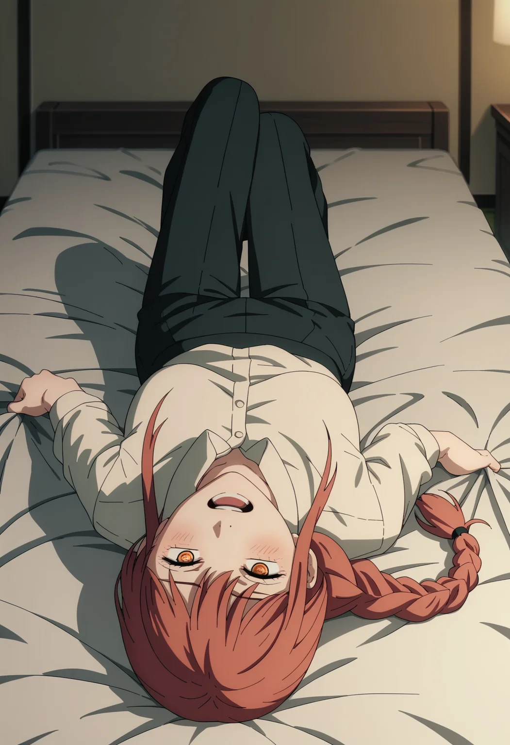 score_9, score_8_up, score_7_up, score_6_up, score_5_up, score_4_up, best quality, masterpiece, colorful, very aesthetic, anime,
BREAK
(lying on bed:1.2), knee up, half closed eyes, blush, smile, open mouth, seductive , night, holding sheets,   <lora:add-detail-xl:1>  <lora:mak1ma0XL_Pony_v1:1> 1girl, mak1ma0, red hair, long hair, ringed eyes, braided ponytail,white collared shirt,full body,black pants