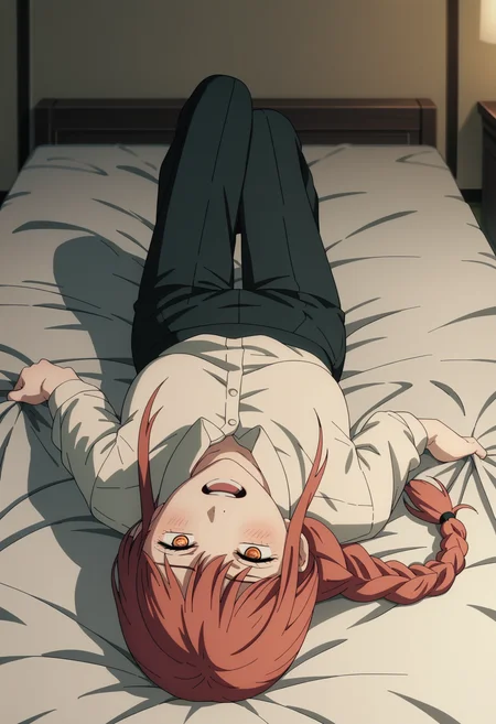 score_9, score_8_up, score_7_up, score_6_up, score_5_up, score_4_up, best quality, masterpiece, colorful, very aesthetic, anime,
BREAK
(lying on bed:1.2), knee up, half closed eyes, blush, smile, open mouth, seductive , night, holding sheets, <lora:add-detail-xl:1> <lora:mak1ma0XL_Pony_v1:1> 1girl, mak1ma0, red hair, long hair, ringed eyes, braided ponytail,white collared shirt,full body,black pants