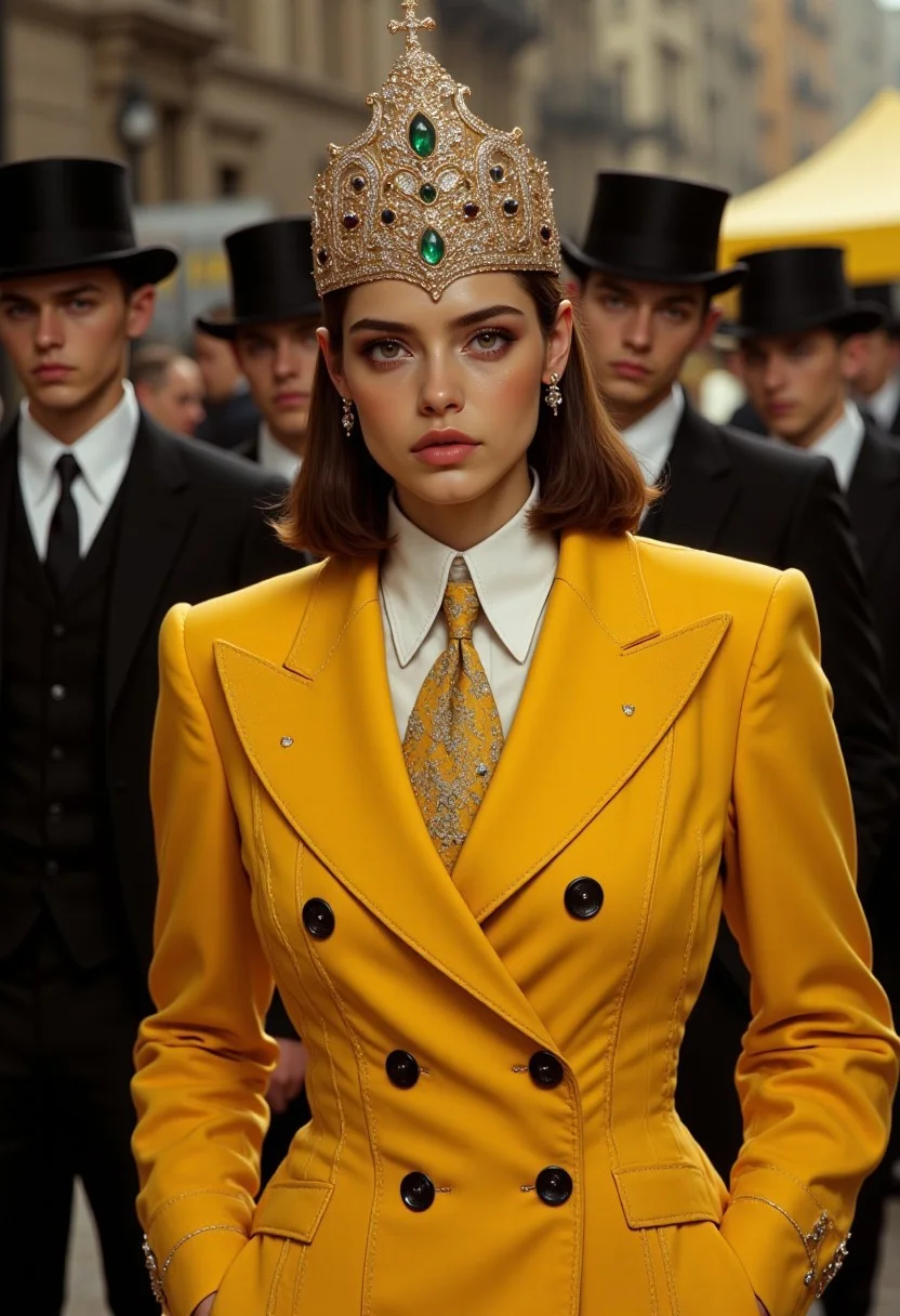 This high-fashion photograph features a woman wearing a bold, mustard-yellow suit, standing confidently at the center of the frame. Her hands are casually tucked into her pockets, and her neutral expression contrasts beautifully with her fair complexion and shoulder-length, straight brown hair. She wears a crisp white dress shirt underneath the suit jacket, which is slightly open, revealing a hint of the shirt beneath. The tailored suit boasts a classic double-breasted design with black buttons and a subtle pattern on the lapel. Atop her head, she wears a queen’s crown made entirely of shimmering rhinestones, with a striking central emerald, adding a regal touch to her bold outfit. In the background, several men in dark formal attire and bowler hats are seen from behind, their faces obscured, suggesting a city street setting. A yellow car is parked in the distance, complementing the warm tone of her suit. The lighting is natural, casting a soft, flattering glow on the textures of the suit and the woman’s hair, while highlighting the sparkling crown. The overall mood exudes sophistication, modern elegance, and a subtle vintage flair.