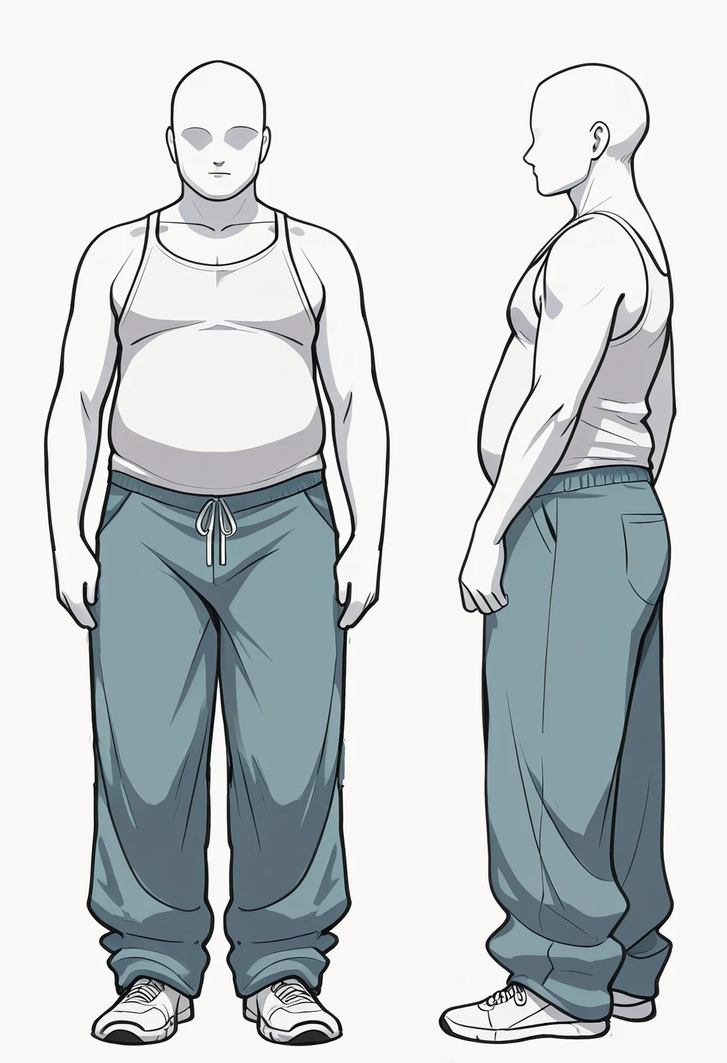 Smooth Quality,masterpiece,beautiful aesthetic, very intricate, high quality details, ultra realistic, high detailed skin,
simple background, white background,
<lora:mannequincnn:0.8> mannequinbase,male/cnn,faceless, white skin, colored skin, reference sheet, multiple views,1boy, fat,
tank top, camisole, ,{shorts|pants, baggy pants},