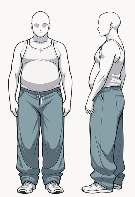 Smooth Quality,masterpiece,beautiful aesthetic, very intricate, high quality details, ultra realistic, high detailed skin,
simple background, white background,
<lora:mannequincnn:0.8> mannequinbase,male/cnn,faceless, white skin, colored skin, reference sheet, multiple views,1boy, fat,
tank top, camisole, ,{shorts|pants, baggy pants},
