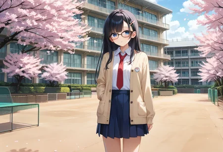 score_9, score_8_up, score_7_up, rating_safe, masterpiece, best quality, absurdres, unity 8k wallpaper, official art, official style, source_anime, uncensored, game cg, megami magazine,
1girl, solo, glasses, black hair, long hair, blue eyes, collared shirt, red necktie, pleated skirt, blue skirt, looking at viewer, blush, long sleeves, cardigan,
koutei, scenery, tree, building, outdoors, cherry blossoms, fence, window, sky, day
<lora:gakkou_ground_PONY_V1:1>