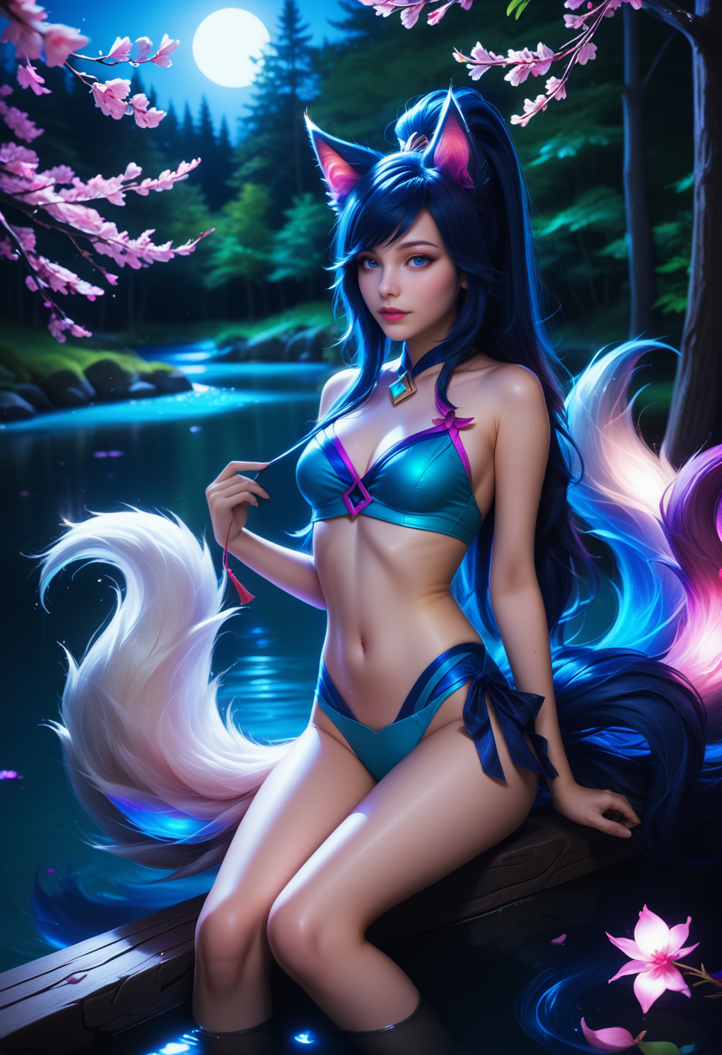 bluefoxeij sitting, river,, forrest, night sky, cherry blossoms, dark, moonlight, dimmed light <lora:BlueFoxeijPONY-000002:1>