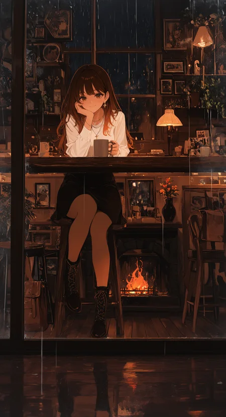 masterpiece, best quality, good quality, very awa, newest, highres, absurdres, 1girl, solo, long hair, looking at viewer, smile, shirt, skirt, brown hair, long sleeves, holding, closed mouth, jewelry, sitting, brown eyes, white shirt, full body, flower, earrings, boots, indoors, black skirt, black footwear, necklace, bag, cup, window, night, brown footwear, chair, table, plant, fire, holding cup, steam, hand on own face, cross-laced footwear, reflection, rain, head rest, wooden floor, mug, hand on own cheek, potted plant, lamp, hand on own chin, stool, coffee, picture frame, vase, coffee mug, drawing \(object\), cafe, wooden table, fireplace, limited palette, <lora:illustriousXL_stabilizer_v1.23:0.3> <lora:NOOB_vp1_detailer_by_volnovik_v1:0.3> <lora:ponyv6_noobE11_2_adamW-000017:0.3> <lora:114558v4df2fsdf5:0.6> <lora:XXX667:0.4> <lora:mon_monmon2133:0.5>