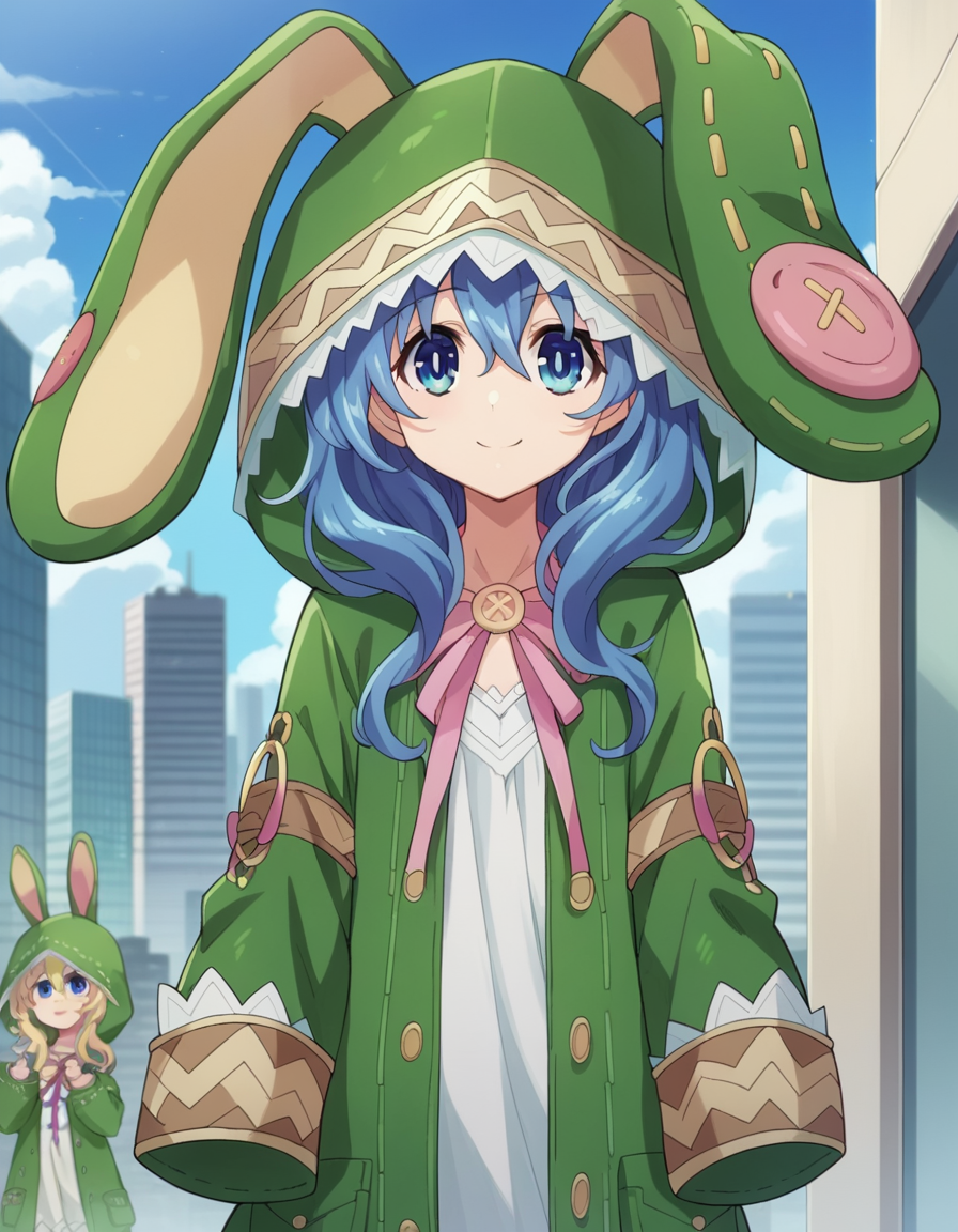 score_9, score_8_up, score_7_up, source_anime,
dalyoshino, <lora:dal-yoshino-s2-ponyxl-lora-nochekaiser:1>,
yoshino astral dress, long hair, blue eyes, ribbon, animal ears, hair between eyes, blue hair, hood, rabbit ears, coat, hood up, animal hood, rabbit hood, green coat,
outdoors, cityscape, smile,
looking at viewer, cowboy shot, dutch angle,