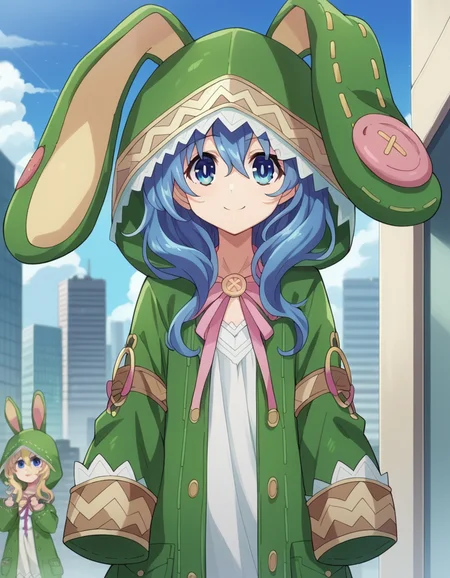 score_9, score_8_up, score_7_up, source_anime,
dalyoshino, <lora:dal-yoshino-s2-ponyxl-lora-nochekaiser:1>,
yoshino astral dress, long hair, blue eyes, ribbon, animal ears, hair between eyes, blue hair, hood, rabbit ears, coat, hood up, animal hood, rabbit hood, green coat,
outdoors, cityscape, smile,
looking at viewer, cowboy shot, dutch angle,